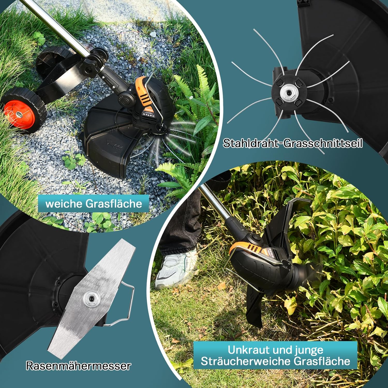 1200W Akku Rasentrimmer Kompatibel mit Makita-Akkus, 5-IN-1 Bürstenloser Elektrische Motorsense mit 3-Stufen-Geschwindigkeitsregelung, Freischneider Akku mit 5 Klingentypen und Unkrautbürste