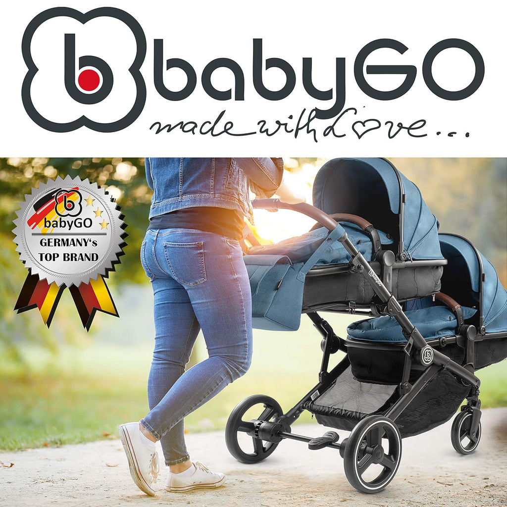 babyGO Kinderwagen 3 in 1 für Zwillinge - Geschwisterkinderwagen/Geschwisterwagen für Babys - Zwillingskinderwagen/Zwillingswagen für 2 Kinder mit viel Zubehör (Blau Melange-ohne Babyschale)