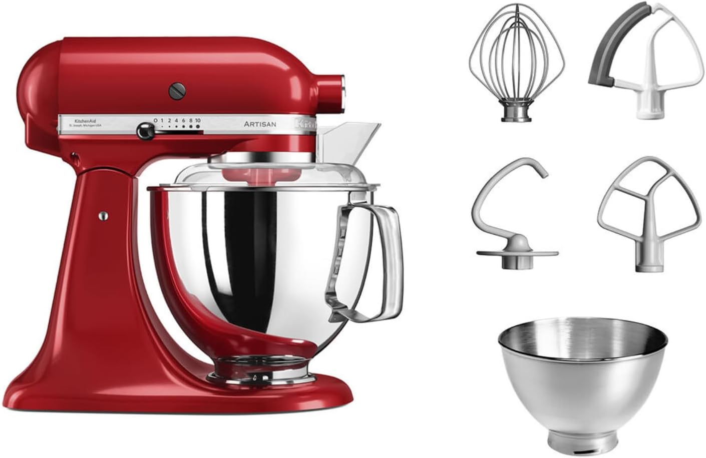 KitchenAid Küchenmaschine I Artisan I Kippbarem Food Processor I Teigknetmaschine mit 5 Zubehör | 2 Schüsseln aus Edelstahl | 4.8 L | Empire Rot