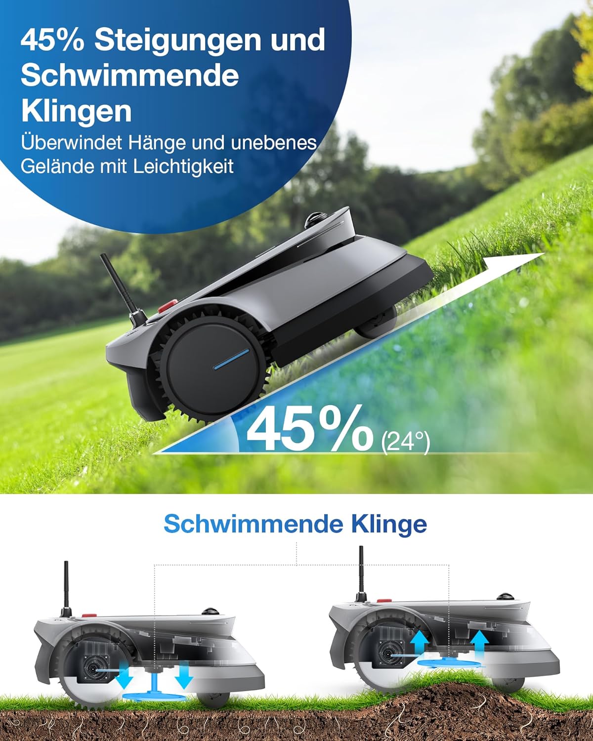 ECOVACS GOAT G1-800 Mhroboter ohne Begrenzungskabel 800㎡, Rasenmher Roboter mit TrueMapping-Multifusionslokalisierung, Hindernisvermeidung, 16-Zonen-Management, 45% Steigung, Videomanager