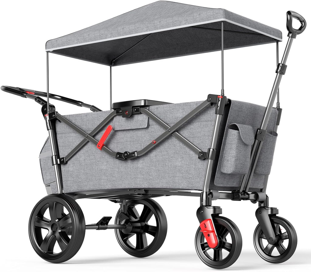 EVER ADVANCED Bollerwagen für 2 Kinder Faltbar mit Dach, Kinderwagen 2x5 Punkt Sicherheitsgurt mit Wickelrucksack, Bollerwagen mit Sitz, Handwagen Transportwagen, Ziehen & Schieben, Fußbremse