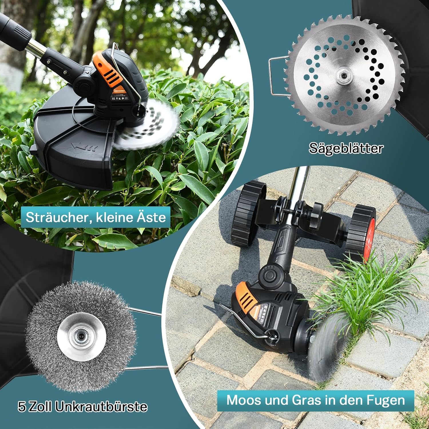 1200W Akku Rasentrimmer Kompatibel mit Makita-Akkus, 5-IN-1 Bürstenloser Elektrische Motorsense mit 3-Stufen-Geschwindigkeitsregelung, Freischneider Akku mit 5 Klingentypen und Unkrautbürste