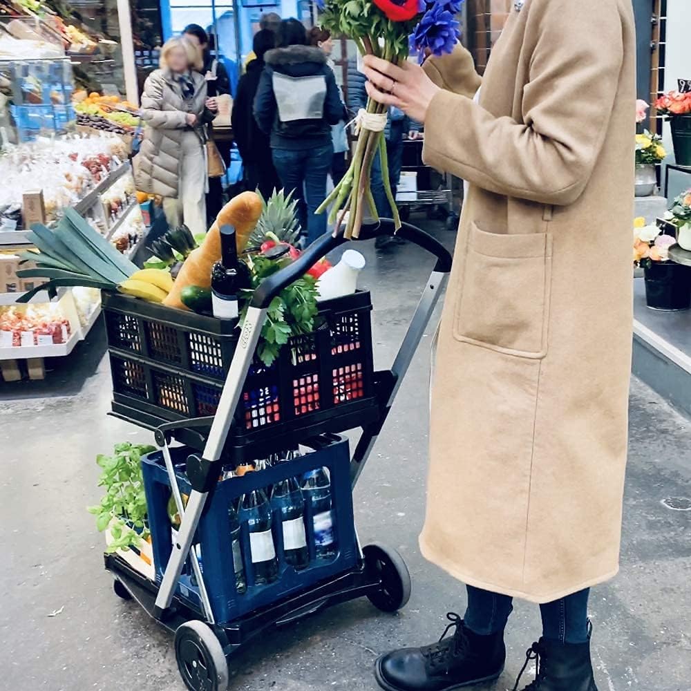 Vielseitig einsetzbare, funktionale, zusammenklappbare Karren | Mobiler Klappwagen | Einkaufswagen mit Aufbewahrungskiste (schwarz)